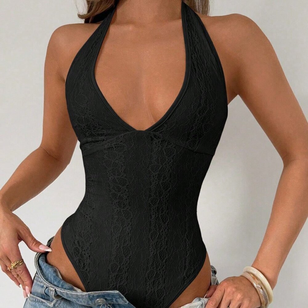 Black Sexy Women's Slim Fit Lace Halter Neck Bodysuit